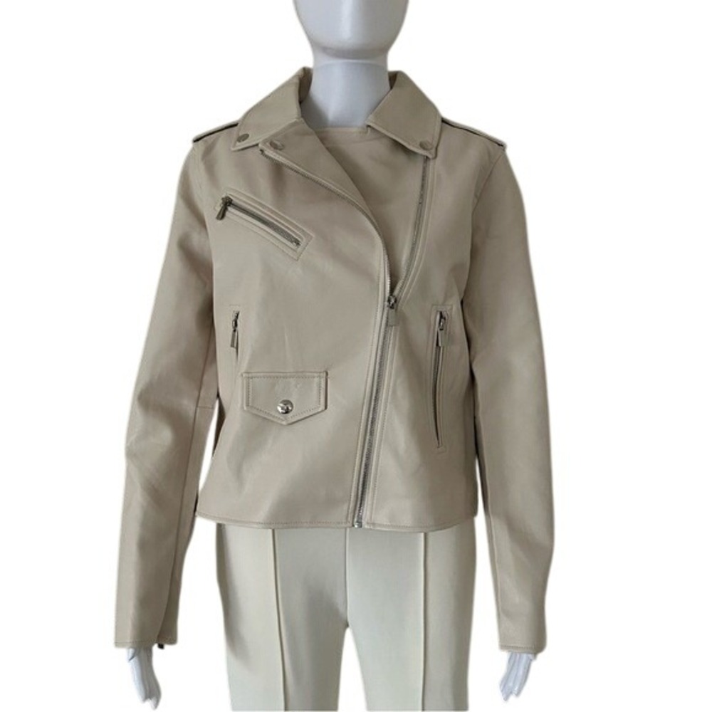 Lulus Out for the Night Beige Vegan Leather Moto biker Jacket Size Med